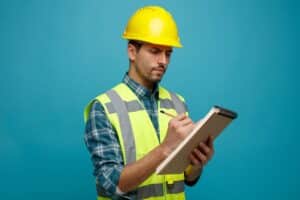 concentrated young male engineer wearing safety helmet uniform standing profile view holding pencil note pad taking work notes isolated blue background 141793 133002