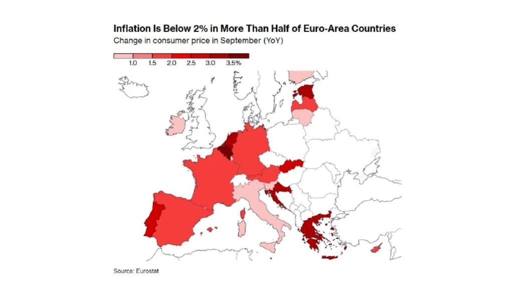 Χάρτης των χωρών της Ευρώπης με τις τιμές του πληθωρισμού