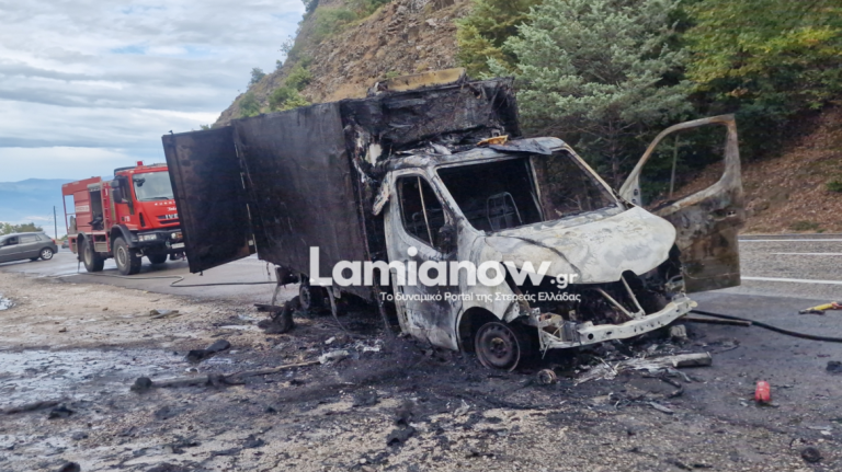 Φορτηγό τυλίχθηκε στις φλόγες στη Λαμία