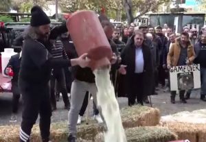 Κτηνοτρόφοι στη Λάρισα πέταξαν γάλα και σιτάρι στην πλατεία – Δείτε βίντεο