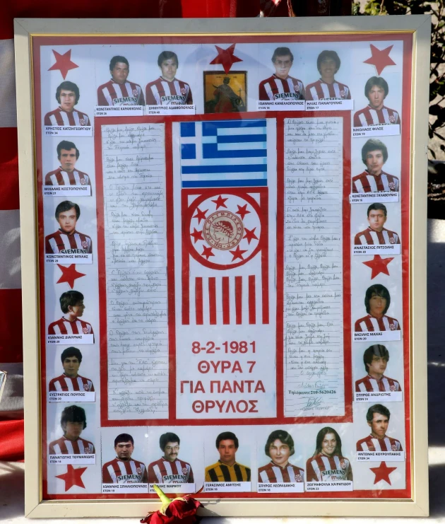 Αφιερωματική εικόνα/πανό με τα πρόσωπα και το “8-2-1981 ΘΥΡΑ 7”. Αφιέρωμα στη μνήμη των 21: το “8-2-1981 ΘΥΡΑ 7” και τα πρόσωπα των θυμάτων στο κέντρο του κάδρου.