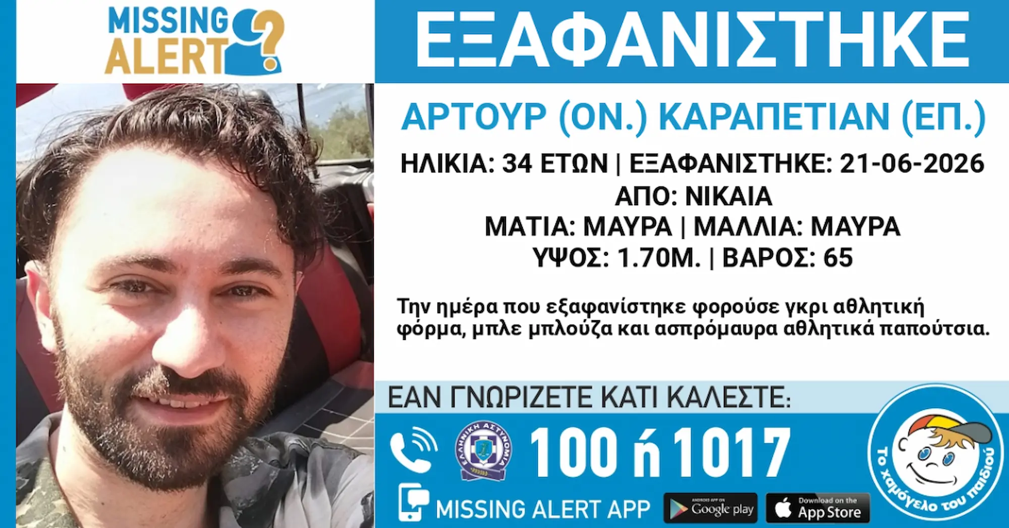 Missing Alert στη Νίκαια: Εξαφανίστηκε ο 34χρονος Αρτούρ